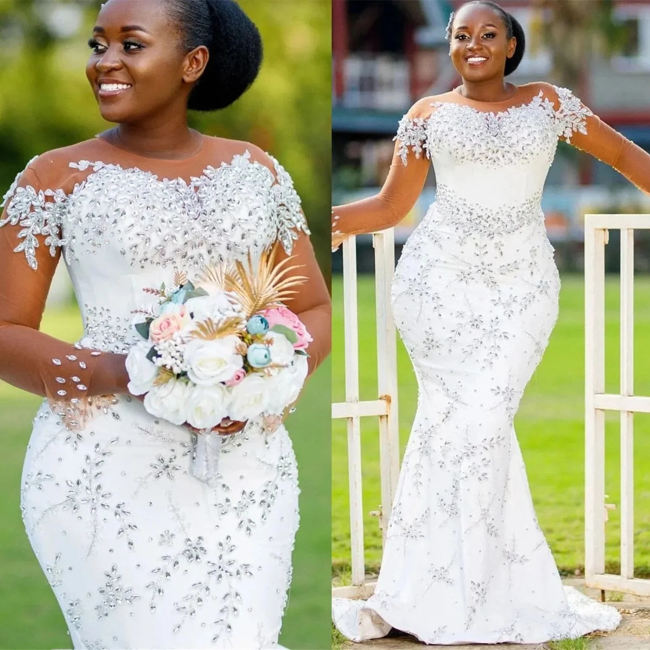 Customized Plus Size White Mermaid Wedding Dresses Rhinestones Lace Full Sleeves Detachable Train Luxurious Bridal Gowns
Customized Plus Size White Mermaid Wedding Dresses Rhinestones Lace Full Sleeves Detachable Train Luxurious Bridal Gowns