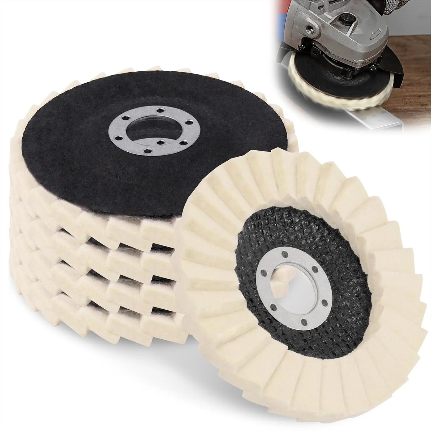 5 Pack Wool Felt Flap Disc Buffing Wheel 4-1/2" x 7/8" for Angle Grinder Polishing Metal Stone Marble Furniture Car Wax
5 Pack Wool Felt Flap Disc Buffing Wheel 4-1/2" x 7/8" for Angle Grinder Polishing Metal Stone Marble Furniture Car Wax