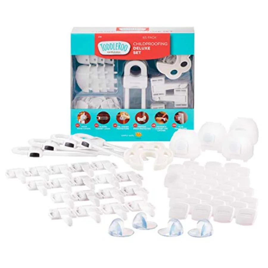 Toddleroo by North States - Childproofing Deluxe Kit: 4 Knob Covers, 4 Sliding Cabinet Locks, 4 Gel Corner Protectors, 1 Door P
Toddleroo by North States - Childproofing Deluxe Kit: 4 Knob Covers, 4 Sliding Cabinet Locks, 4 Gel Corner Protectors, 1 Door P