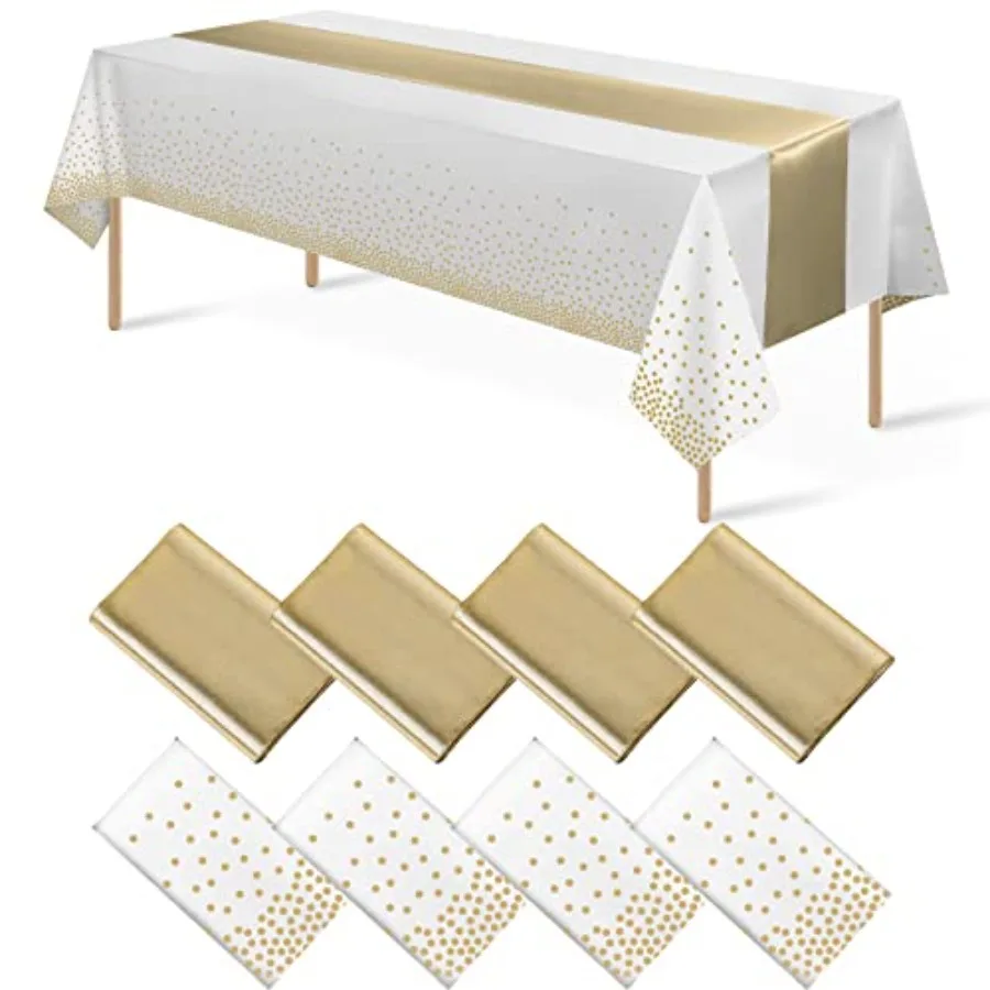 8Pack Disposable Plastic Tablecloths and Satin Table Runner Set White and Gold Dot Tablecloth Gold Satin Table Runner for Weddi
8Pack Disposable Plastic Tablecloths and Satin Table Runner Set White and Gold Dot Tablecloth Gold Satin Table Runner for Weddi