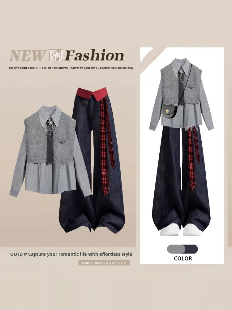 Loose Fit Knitted Grey College Style Shirt Top Women's High Waist Wide Leg Jeans Three Piece Set Fashionable Korean Design
Loose Fit Knitted Grey College Style Shirt Top Women's High Waist Wide Leg Jeans Three Piece Set Fashionable Korean Design