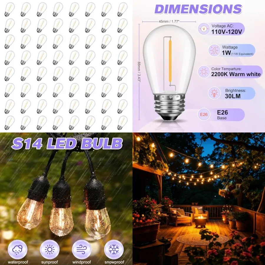64 Pack Shatterproof S14 LED Replacement Bulbs for Outdoor String Lights, 1W Equivalent to 11W Incandescent Bulb, Warm White 22
64 Pack Shatterproof S14 LED Replacement Bulbs for Outdoor String Lights, 1W Equivalent to 11W Incandescent Bulb, Warm White 22