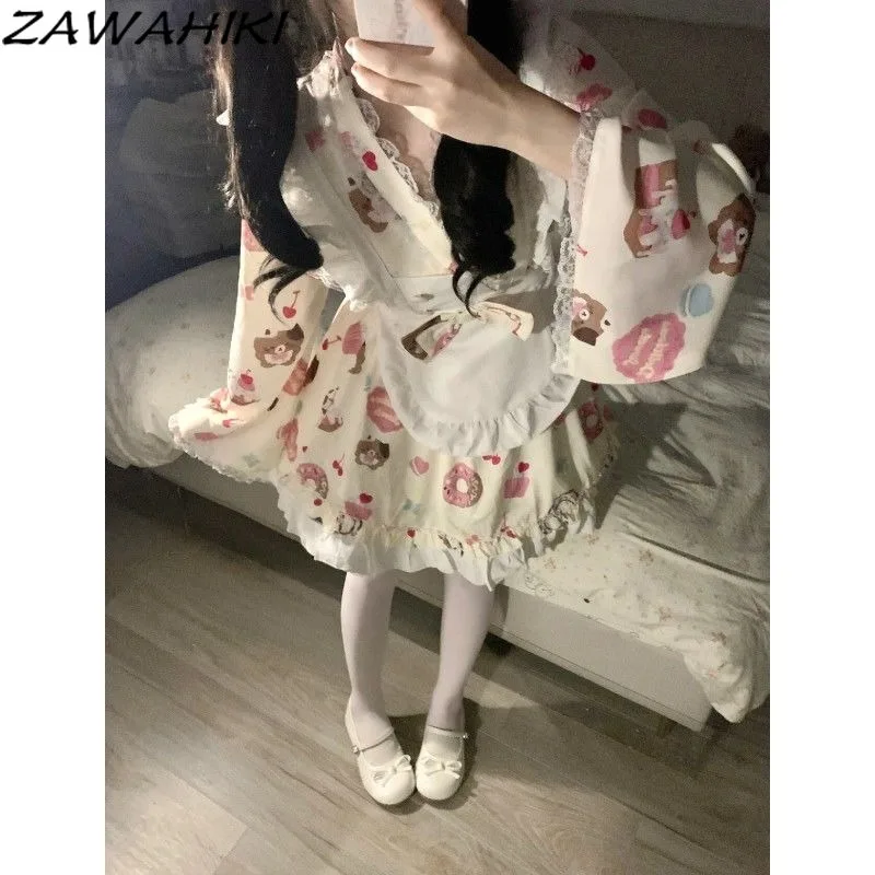 Японское женское платье, кружевное лоскутное платье с оборками, Vestidos, милый мультяшный принт с бантом, Ropa Mujer Kawaii, милый модный женский халат в консервативном стиле
Японское женское платье, кружевное лоскутное платье с оборками, Vestidos, милый мультяшный принт с бантом, Ropa Mujer Kawaii, милый модный женский халат в консервативном стиле