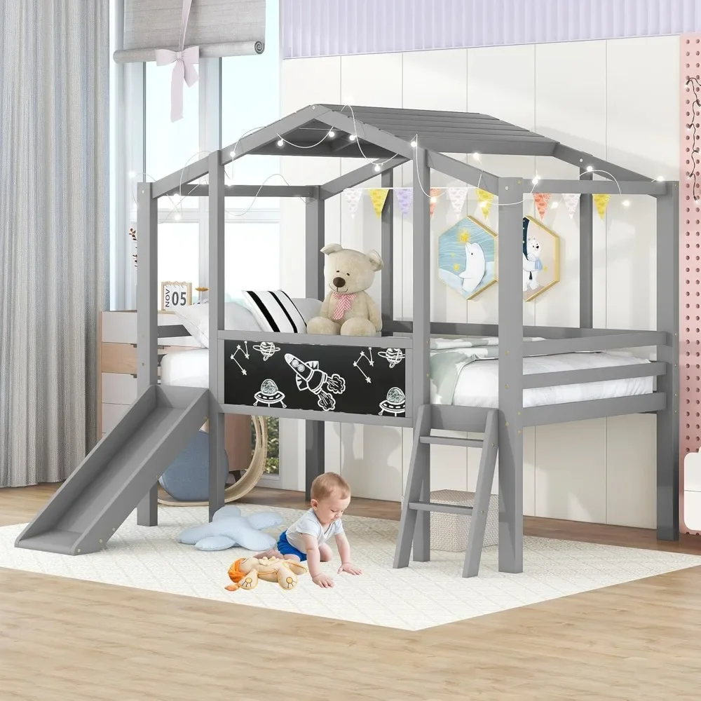 Twin Loft Bed with Slide and Ladder, Kids Loft Bed Twin Size, House Loft Bed with LED Light and Blackboard
Twin Loft Bed with Slide and Ladder, Kids Loft Bed Twin Size, House Loft Bed with LED Light and Blackboard