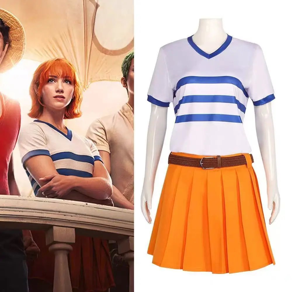 Nami Cosplay Costume Full Set Women White Blue Striped Top Orange Pleated Skirt With Belt Anime Halloween Carnival Outfit
Nami Cosplay Costume Full Set Women White Blue Striped Top Orange Pleated Skirt With Belt Anime Halloween Carnival Outfit