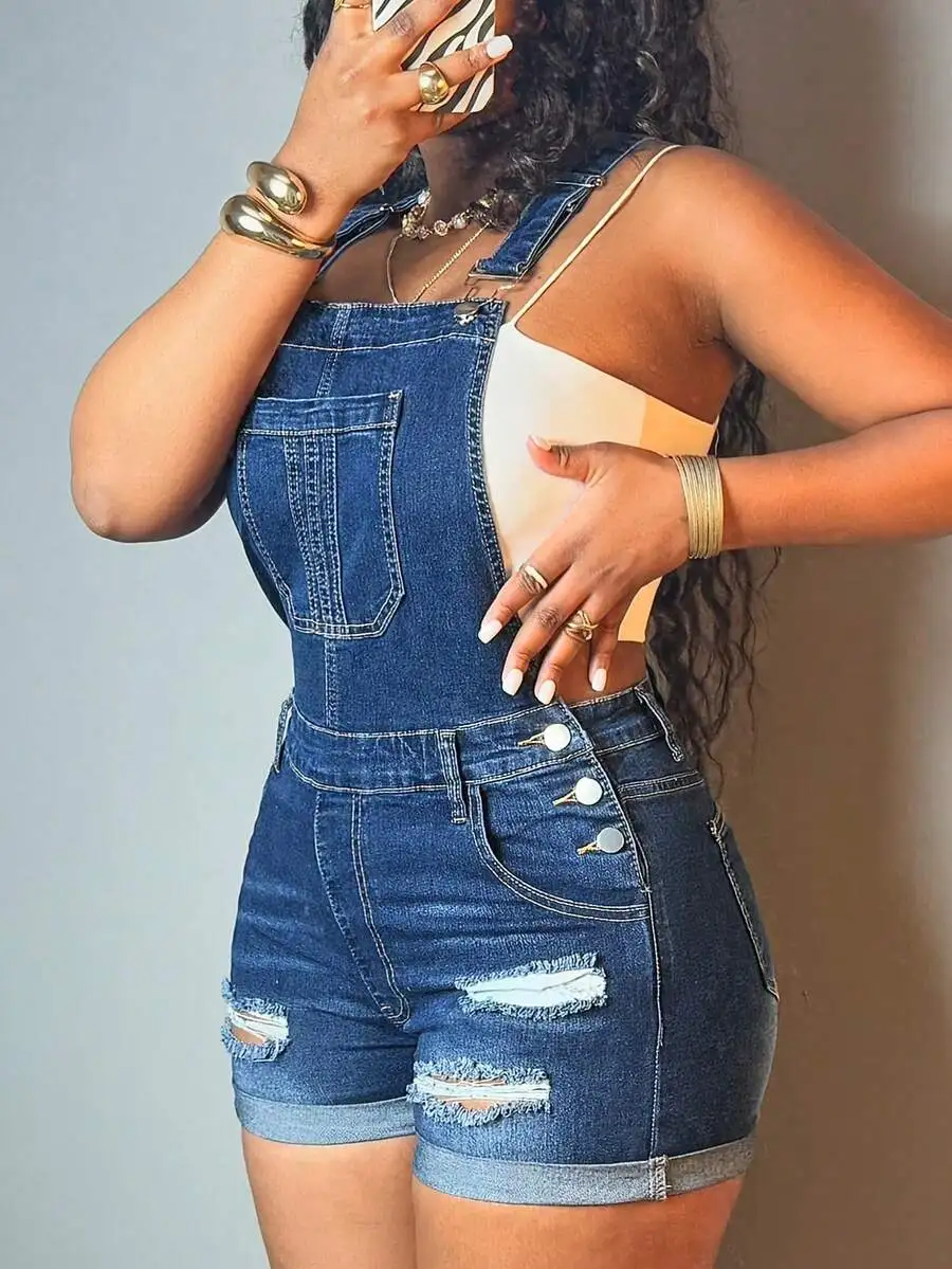 Womens Medium Stretch Mid Waist Ripped Denim Overalls Shorts With Cuffed Hem
Womens Medium Stretch Mid Waist Ripped Denim Overalls Shorts With Cuffed Hem