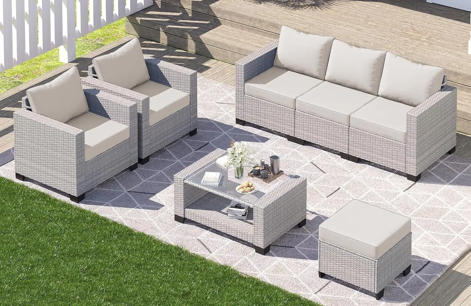 7 Piece Outdoor Patio Furniture Set, Rattan Chairs Glass Table Wicker Conversation Seating Sectional Sofa
7 Piece Outdoor Patio Furniture Set, Rattan Chairs Glass Table Wicker Conversation Seating Sectional Sofa