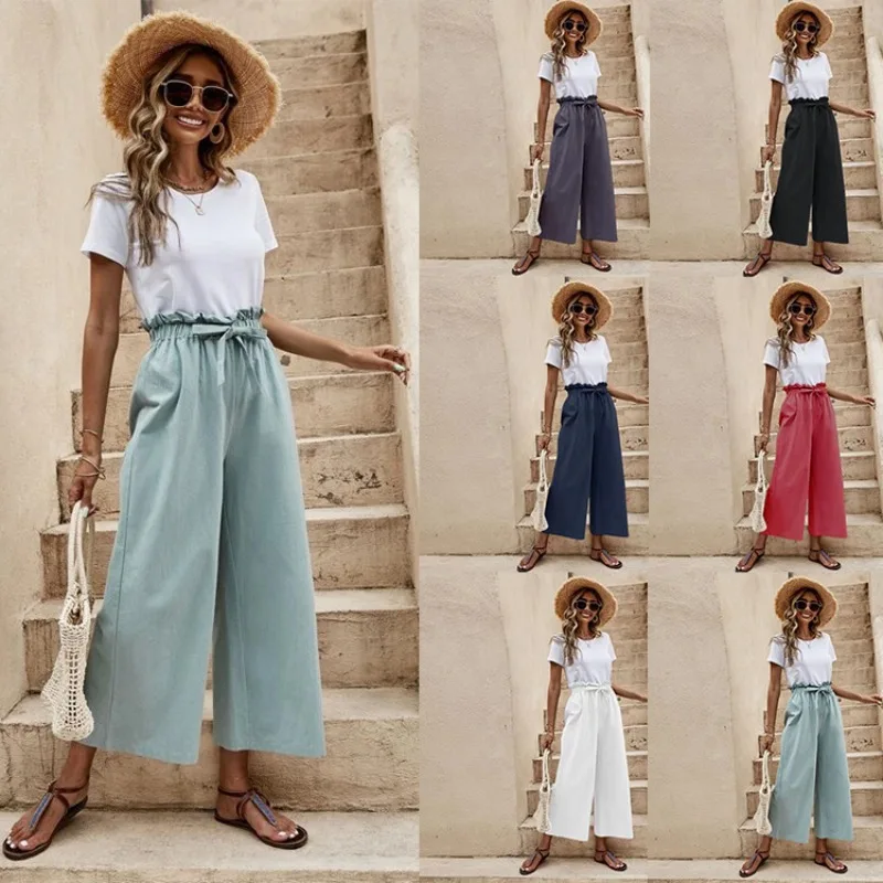 Womens Clothing Summer Elastic Waist Solid Color Cotton And Linen Belt Wide-leg Pants Loose Nine-point Pants High Waist And Thin
Womens Clothing Summer Elastic Waist Solid Color Cotton And Linen Belt Wide-leg Pants Loose Nine-point Pants High Waist And Thin