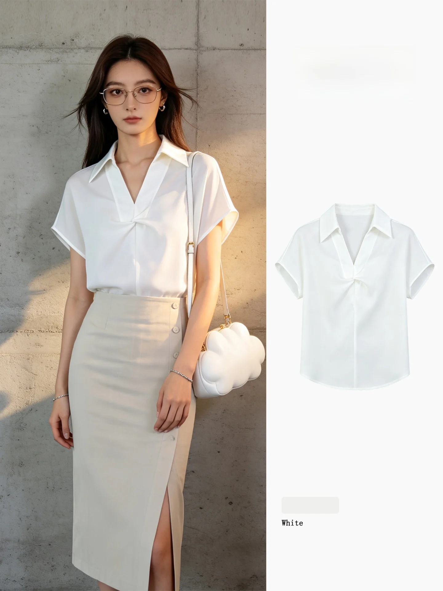 Elegant V-Neck Short Sleeve Women's Shirt Knot Design Slimming Waist Commute Style White Top Korean Loose Fit Polyester Fiber
Elegant V-Neck Short Sleeve Women's Shirt Knot Design Slimming Waist Commute Style White Top Korean Loose Fit Polyester Fiber