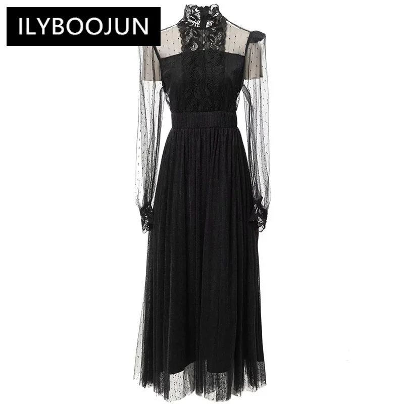 ILYBOOJUN Fashion Designer Summer Black Dot Mesh Dress Women's Stand Collar Lantern Sleeve Ruffles Vintage Party Dresses
ILYBOOJUN Fashion Designer Summer Black Dot Mesh Dress Women's Stand Collar Lantern Sleeve Ruffles Vintage Party Dresses