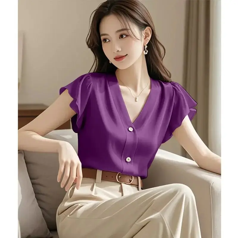 2025 Summer New Office Lady Simplicity Buttons Solid Color V-neck Blouse Ladies All-match Ruffles Slim Shirts Women Clothes
2025 Summer New Office Lady Simplicity Buttons Solid Color V-neck Blouse Ladies All-match Ruffles Slim Shirts Women Clothes