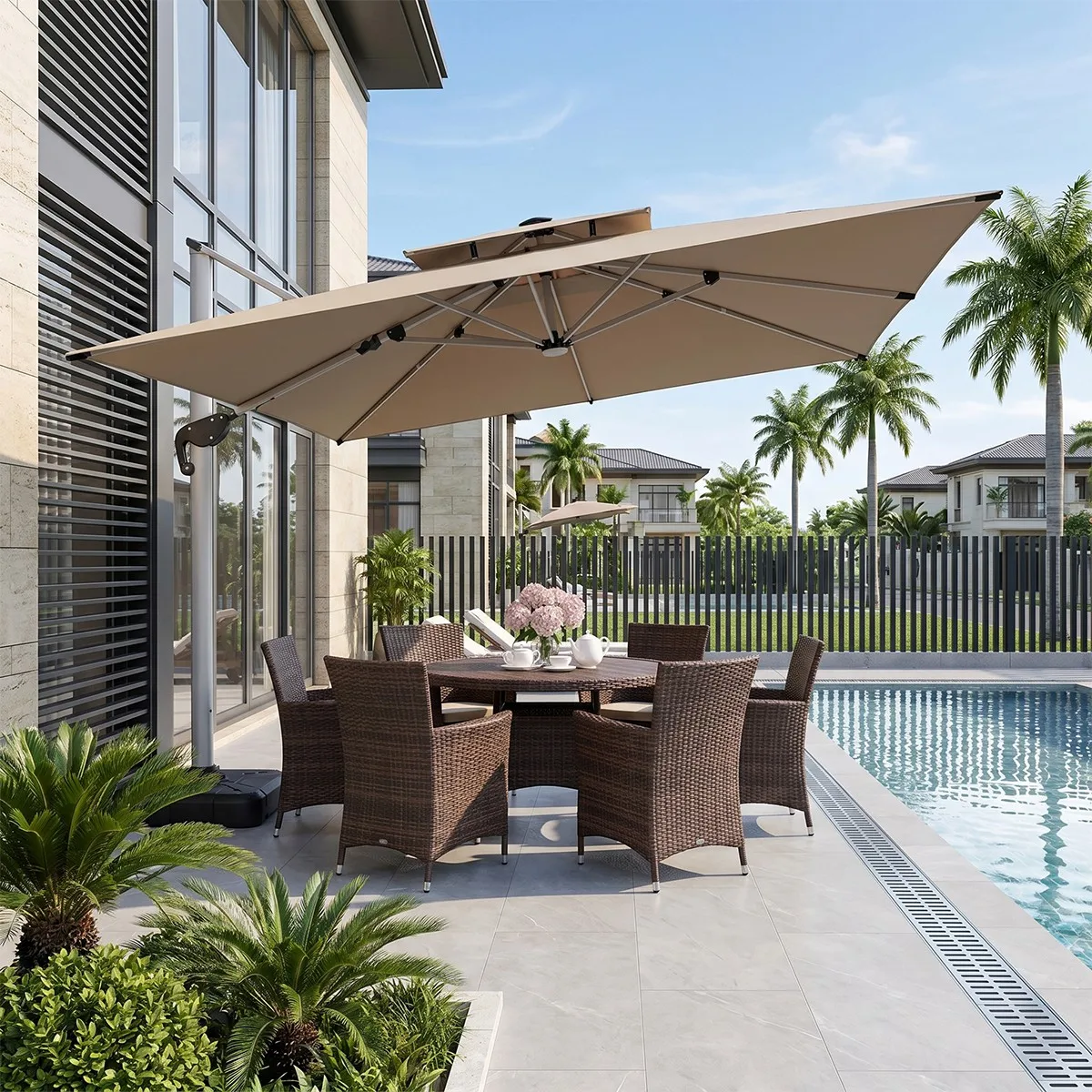 Luxury Heavy Side Pole Cantilever Patio Umbrella 3x3m Cantilever Parasol with 360-degree Rotation & LED for Hotel Outdoor
Luxury Heavy Side Pole Cantilever Patio Umbrella 3x3m Cantilever Parasol with 360-degree Rotation & LED for Hotel Outdoor