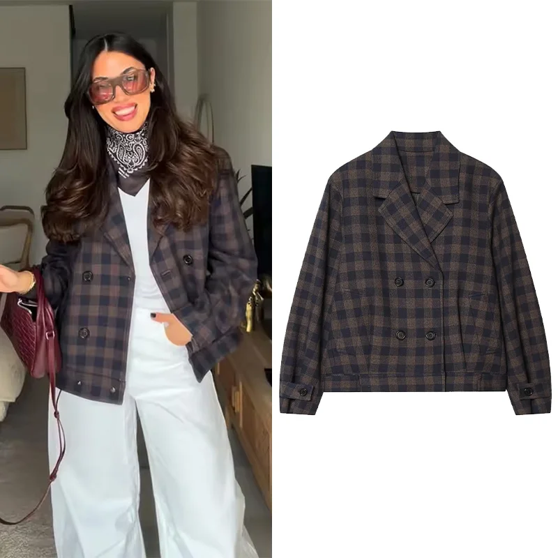 Women's Check Double-Breasted Jacket Casual Spring Notched Lapel Collar Pocket Lady Coat Long Sleeve Women Coats Female Tops
Women's Check Double-Breasted Jacket Casual Spring Notched Lapel Collar Pocket Lady Coat Long Sleeve Women Coats Female Tops