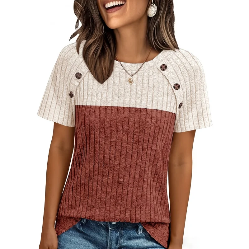 Elegant Loose-Fit Women'S-Shirt | Comfortable Crew Neck with Button Details, Casual Color Block Design, Short Sleeve Pullover
Elegant Loose-Fit Women'S-Shirt | Comfortable Crew Neck with Button Details, Casual Color Block Design, Short Sleeve Pullover