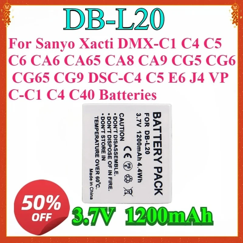 For DB-L20 Replaceable Camera Battery for Sanyo Xacti DMX-C1 C4 C5 C6 CA6 CA65 CA8 CA9 CG9 DSC-C4 E6 J4 VPC-C1 C4 C40 Batteries
For DB-L20 Replaceable Camera Battery for Sanyo Xacti DMX-C1 C4 C5 C6 CA6 CA65 CA8 CA9 CG9 DSC-C4 E6 J4 VPC-C1 C4 C40 Batteries