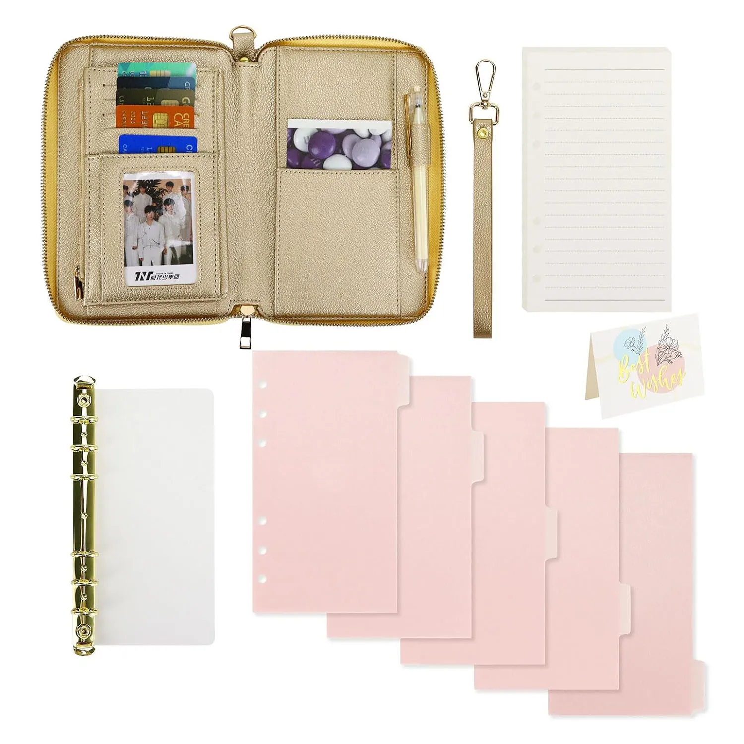 A6 PU Leather Budget Binder Wallet, Gold 6-Ring Binder Cash Wallet Notebook with 1 Set Pink Divider Pocktes Gift Card for Women
A6 PU Leather Budget Binder Wallet, Gold 6-Ring Binder Cash Wallet Notebook with 1 Set Pink Divider Pocktes Gift Card for Women