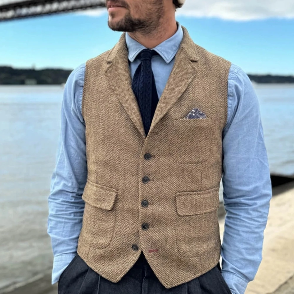 Lapel Neck Men's Suit Vest Herringbone Tweed Waistcoat With 3 Pockets Business Formal Waistcoat Groomsmen For Wedding
Lapel Neck Men's Suit Vest Herringbone Tweed Waistcoat With 3 Pockets Business Formal Waistcoat Groomsmen For Wedding