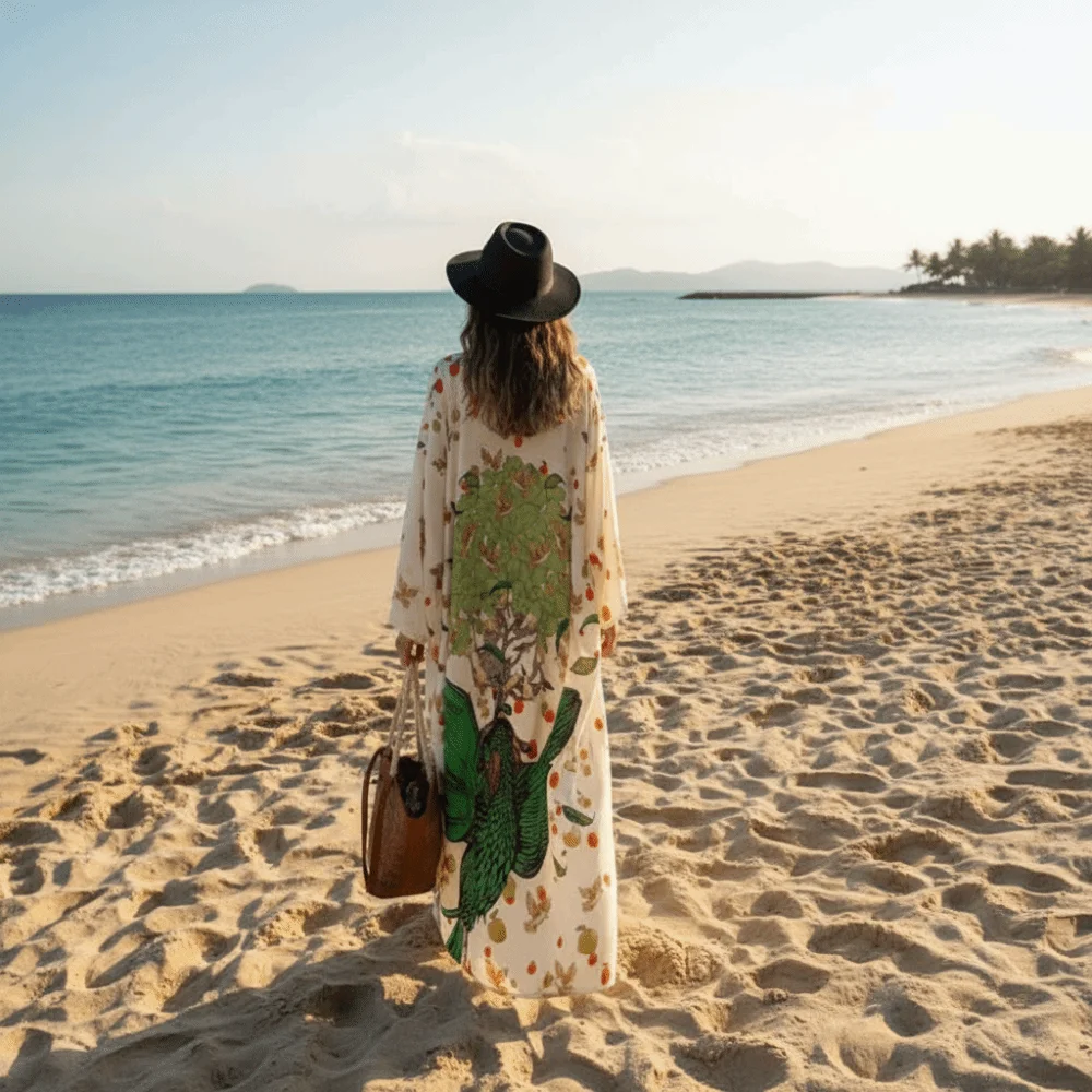 Casual Boho Bikini Cover-ups Peacock Print Oversized Loose Maxi Dress Open Front Beach Cardigan For Women
Casual Boho Bikini Cover-ups Peacock Print Oversized Loose Maxi Dress Open Front Beach Cardigan For Women