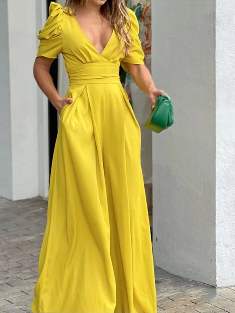 Lady Fashion Solid Jumpsuit Casual Office V Neck Short Sleeve Backless High Waist Wide Leg Pants Jumpsuits For Women Summer New
Lady Fashion Solid Jumpsuit Casual Office V Neck Short Sleeve Backless High Waist Wide Leg Pants Jumpsuits For Women Summer New