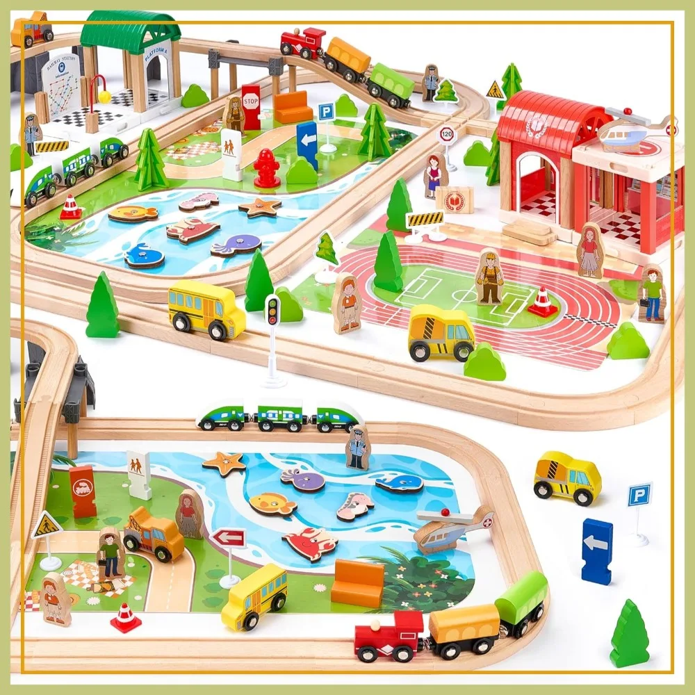 175-Piece Wooden Train Set, Double-Sided Expandable Track with Puzzles & Magnetic Fishing, STEM Railway Gift for Ages 3-8
175-Piece Wooden Train Set, Double-Sided Expandable Track with Puzzles & Magnetic Fishing, STEM Railway Gift for Ages 3-8