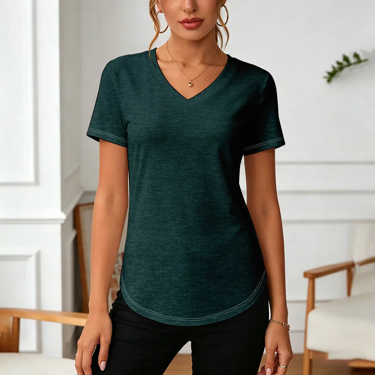 Summer 2026 New Women's V-neck short sleeve elegant Solid-colored Organic Cotton Plus-size T-shirt
Summer 2026 New Women's V-neck short sleeve elegant Solid-colored Organic Cotton Plus-size T-shirt