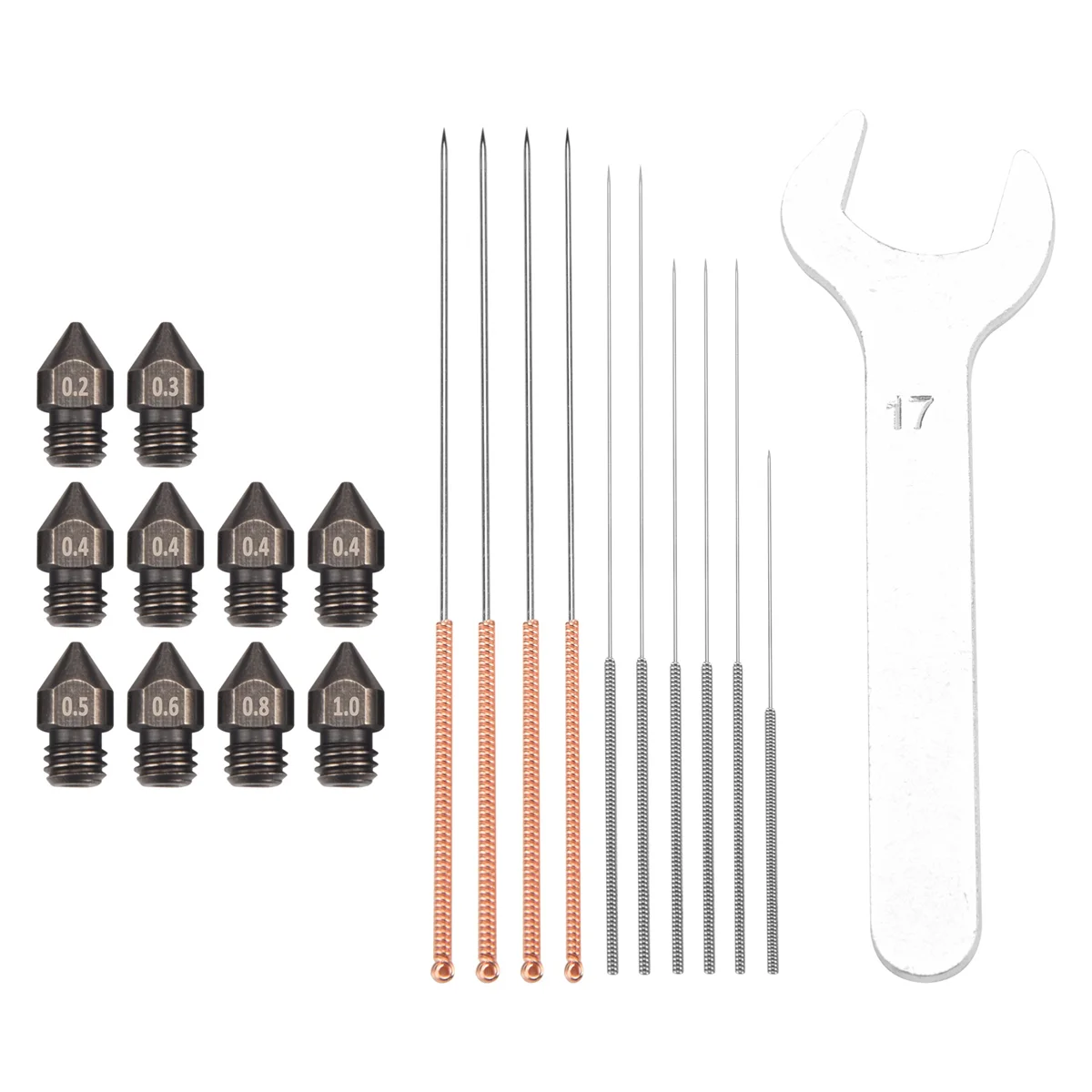 3D Printer Nozzles, Hardened Steel MK8 Nozzle with Cleaning Tool Kit for Ender 3 / Ender 3Pro, CR-10 Series, Prusa I3
3D Printer Nozzles, Hardened Steel MK8 Nozzle with Cleaning Tool Kit for Ender 3 / Ender 3Pro, CR-10 Series, Prusa I3