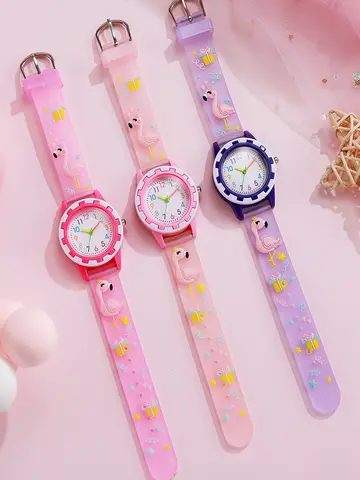 Cute Girl Heart Cartoon Flamingo Quartz Watch Colorful Fashionable Watch for Christmas and Halloween Gifts