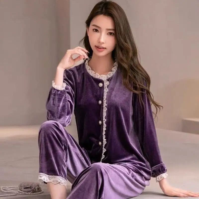Girl Pleated Lace Edge Pajamas Sets Woman Sexy Simple Long Sleeve Leisure Wear Spring Autumn Clothes Sleeping Wear Outside New
Girl Pleated Lace Edge Pajamas Sets Woman Sexy Simple Long Sleeve Leisure Wear Spring Autumn Clothes Sleeping Wear Outside New