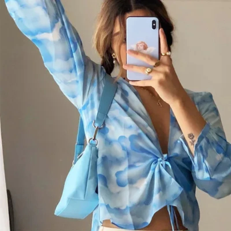Women's Retro Tie Dye Printed Bandage, Long Sleeved, Asymmetric Navel, Y2K Sexy Ruffled Blue V-Neck, Summer and Spring, New, 90s
Women's Retro Tie Dye Printed Bandage, Long Sleeved, Asymmetric Navel, Y2K Sexy Ruffled Blue V-Neck, Summer and Spring, New, 90s