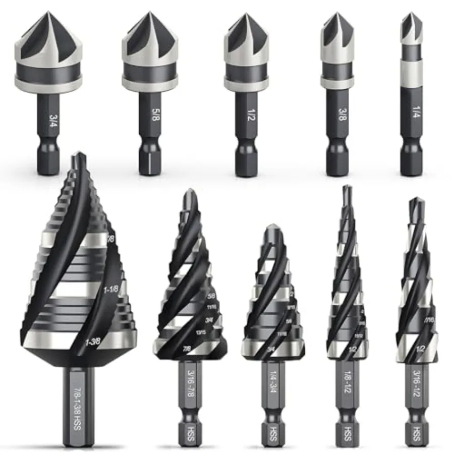 5 Pcs Four Spiral Flute Step Drill Bit Set and 5 Pcs Countersink Drill Bits with Tool Box Nitriding HSS Drill Bits for Metal Al
5 Pcs Four Spiral Flute Step Drill Bit Set and 5 Pcs Countersink Drill Bits with Tool Box Nitriding HSS Drill Bits for Metal Al