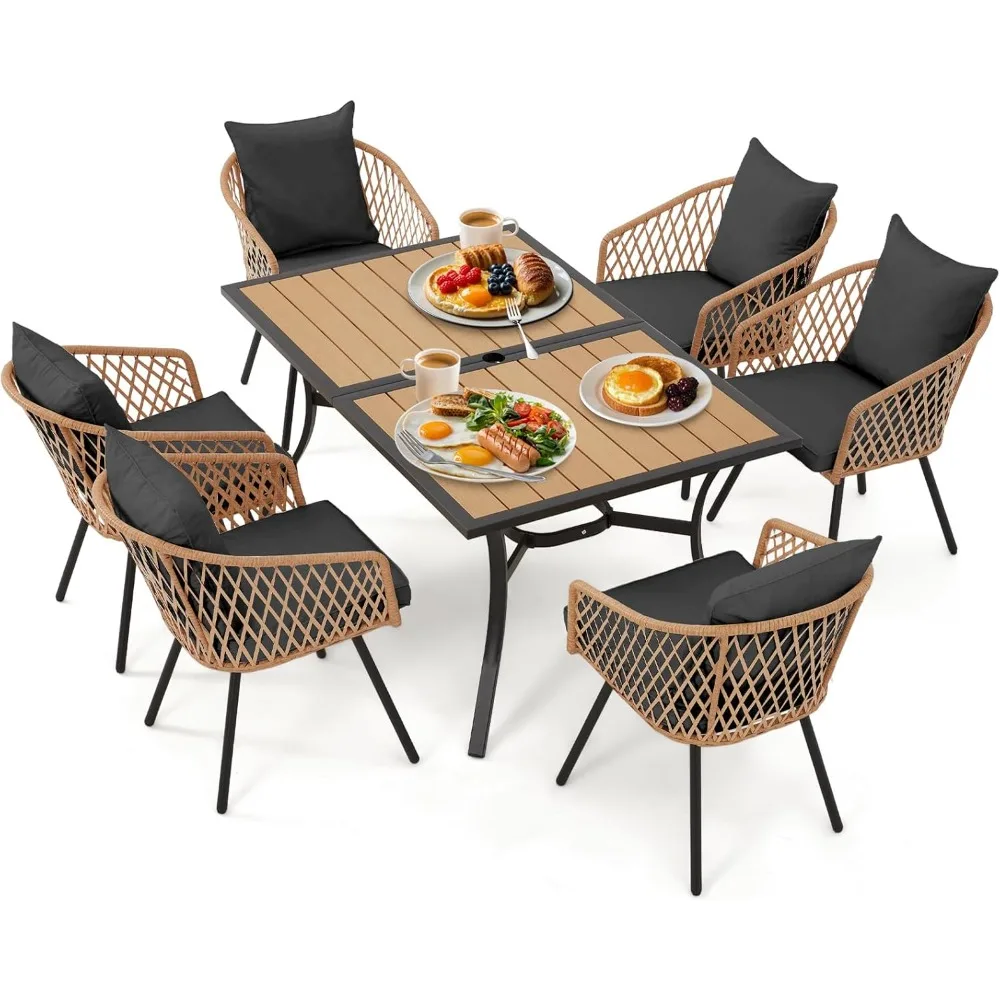 7-Piece Outdoor Patio Dining Set for 6,Wicker Rattan Outdoor Furniture Set with Umbrella Hole,6 Wicker Chairs with Cushion and P
7-Piece Outdoor Patio Dining Set for 6,Wicker Rattan Outdoor Furniture Set with Umbrella Hole,6 Wicker Chairs with Cushion and P