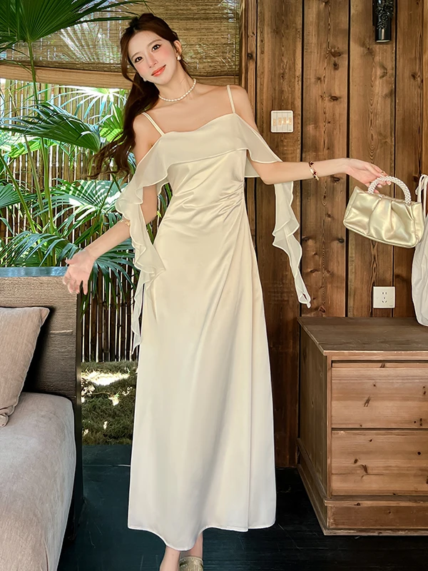 Summer New Women's Belted Slimming Off-Shoulder Gauze Satin Midi Dress with Sashes Holiday Style A-Line Skirt Thin Fabric
Summer New Women's Belted Slimming Off-Shoulder Gauze Satin Midi Dress with Sashes Holiday Style A-Line Skirt Thin Fabric