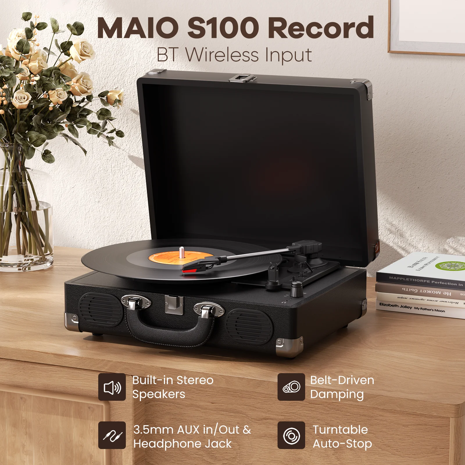 Maio S100 belt-driven Vintage gramophone device, vinyl record, turntable , high-fidelity stereo, built-in speaker, 3-speed
Maio S100 belt-driven Vintage gramophone device, vinyl record, turntable , high-fidelity stereo, built-in speaker, 3-speed