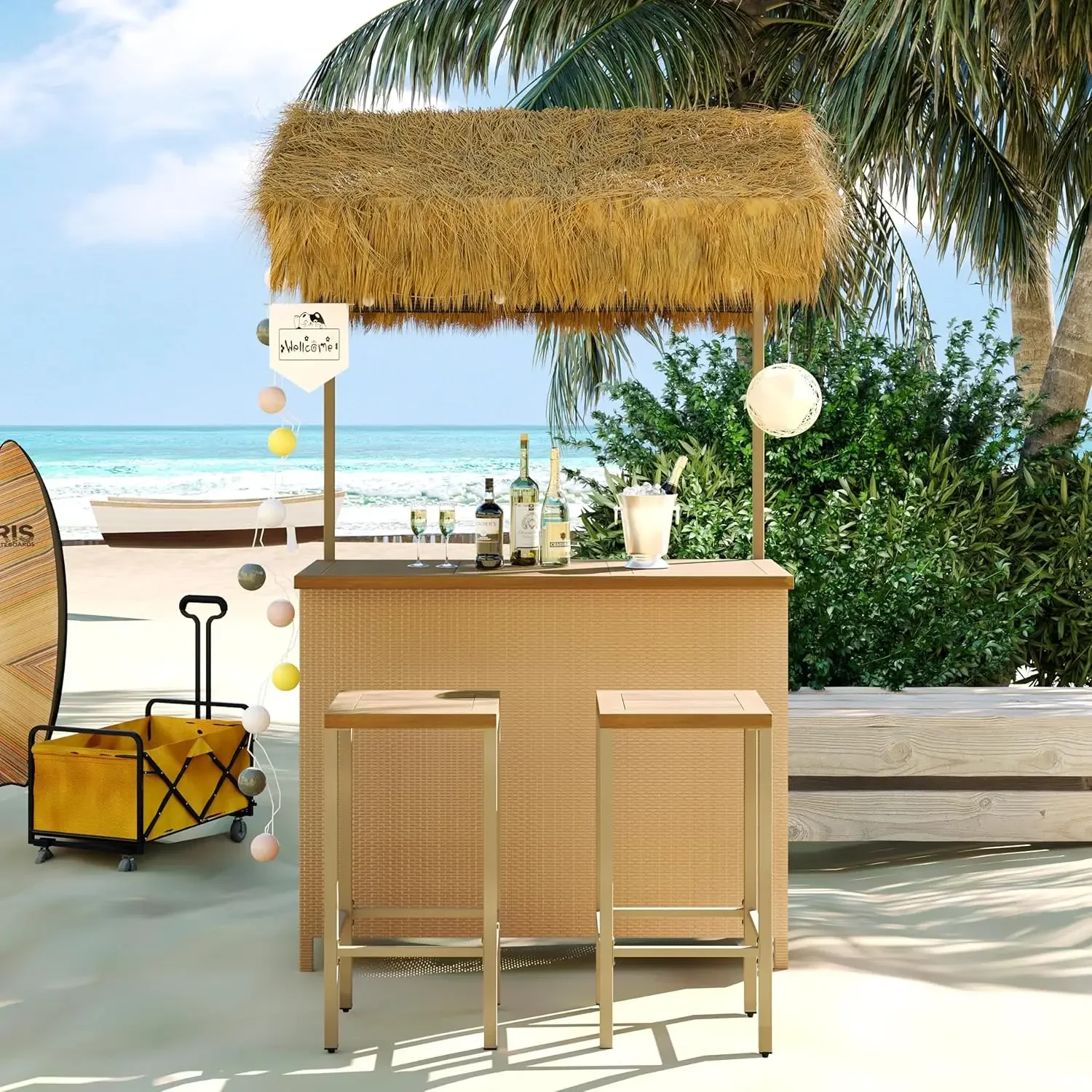 3 Piece Phuket Patio Wicker Islander Tiki Bar and 2 Stools with Adjustable Feet Outdoor Bar Table with Acacia Wood Top & Storage
3 Piece Phuket Patio Wicker Islander Tiki Bar and 2 Stools with Adjustable Feet Outdoor Bar Table with Acacia Wood Top & Storage