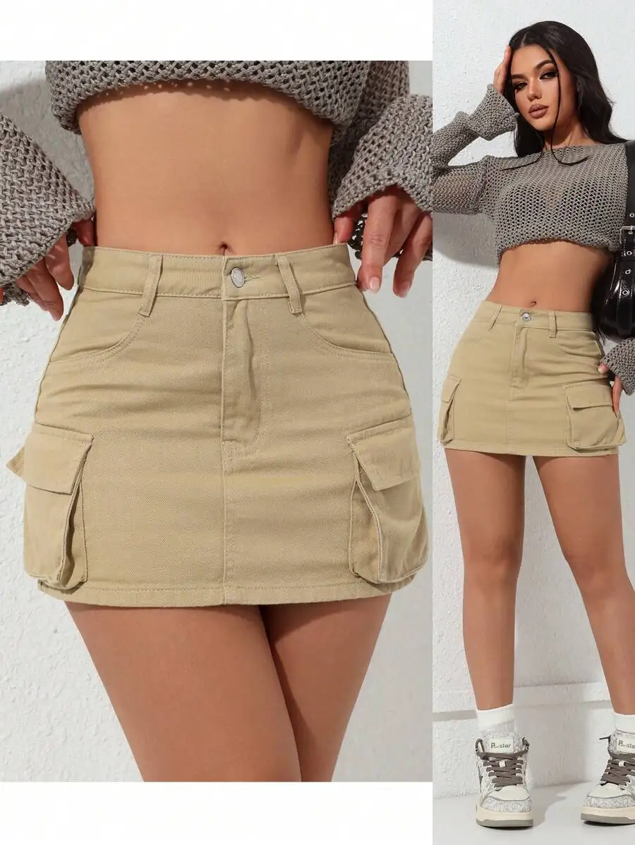 Women's Khaki Cargo Pocket Mini Skirt High Waist Bodycon Denim
Women's Khaki Cargo Pocket Mini Skirt High Waist Bodycon Denim