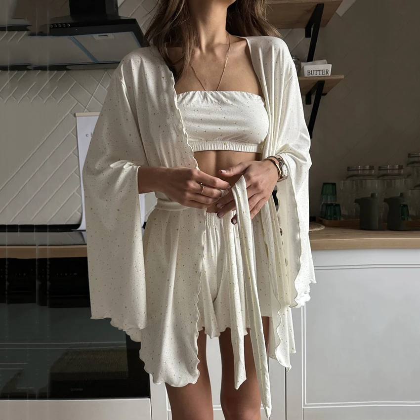 HiLoc Elegant Ruffles 3 Piece Pajamas Sexy Crop Top Camis Long Sleeve Nightgown With Wide Leg Shorts Home Knit Shorts Sets 2026
HiLoc Elegant Ruffles 3 Piece Pajamas Sexy Crop Top Camis Long Sleeve Nightgown With Wide Leg Shorts Home Knit Shorts Sets 2026