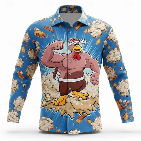 Thanksgiving Day Men's Funny Turkey Popcorn Shirt Button Up Shirt Long Sleeve Fashion Casual Turndown 3D Print Collared Shirts