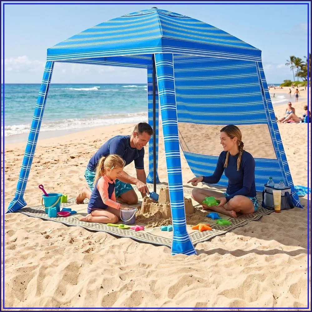 6x6 Beach Cabana Easy Setup with Sand Pockets, Sand Anchor, Side Walls, Blue White
6x6 Beach Cabana Easy Setup with Sand Pockets, Sand Anchor, Side Walls, Blue White