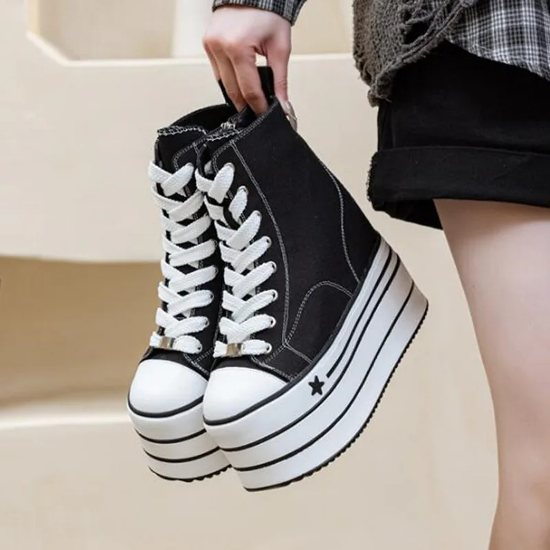 16CM High Heels Women Autumn Winter New Platform Leather Canvas Ankle Boots Thick Bottom Chunky Sneakers Motorcycle Boots Woman
16CM High Heels Women Autumn Winter New Platform Leather Canvas Ankle Boots Thick Bottom Chunky Sneakers Motorcycle Boots Woman