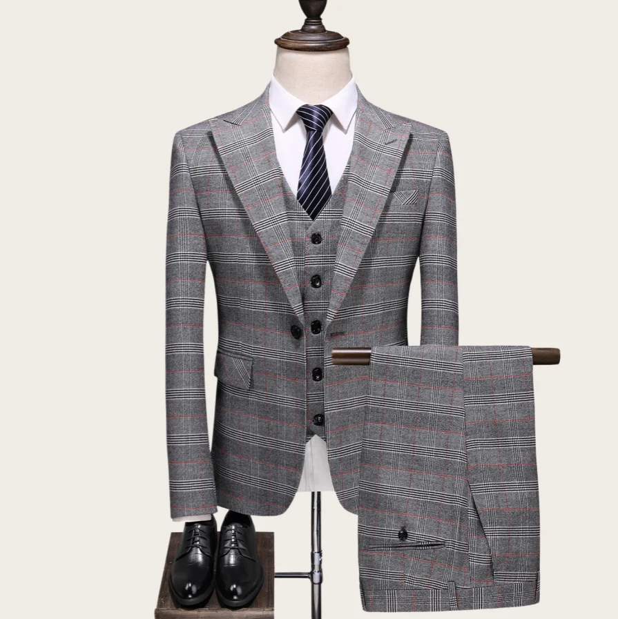 Mophiel Grey Plaid Men's Suits 3 Pieces Suit for Man Notched Lapel Single Breasted Blazer Business Jacket+Vest+Pants Customized
Mophiel Grey Plaid Men's Suits 3 Pieces Suit for Man Notched Lapel Single Breasted Blazer Business Jacket+Vest+Pants Customized