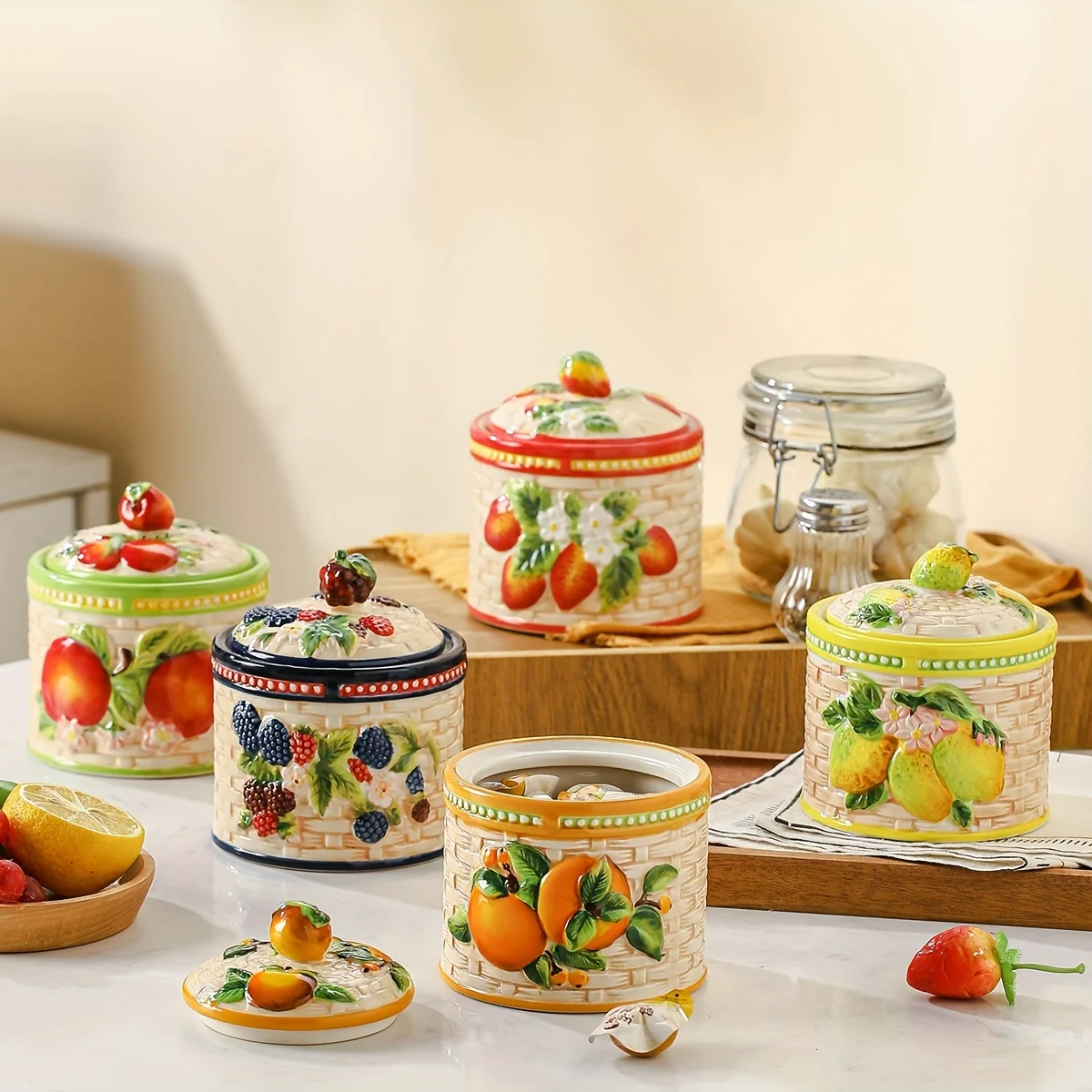 Hand-Painted Fruit Ceramic Jar with Lid - 3D Pattern, Perfect for Salt, Sugar, Candy Storage & Kitchen Decor
Hand-Painted Fruit Ceramic Jar with Lid - 3D Pattern, Perfect for Salt, Sugar, Candy Storage & Kitchen Decor