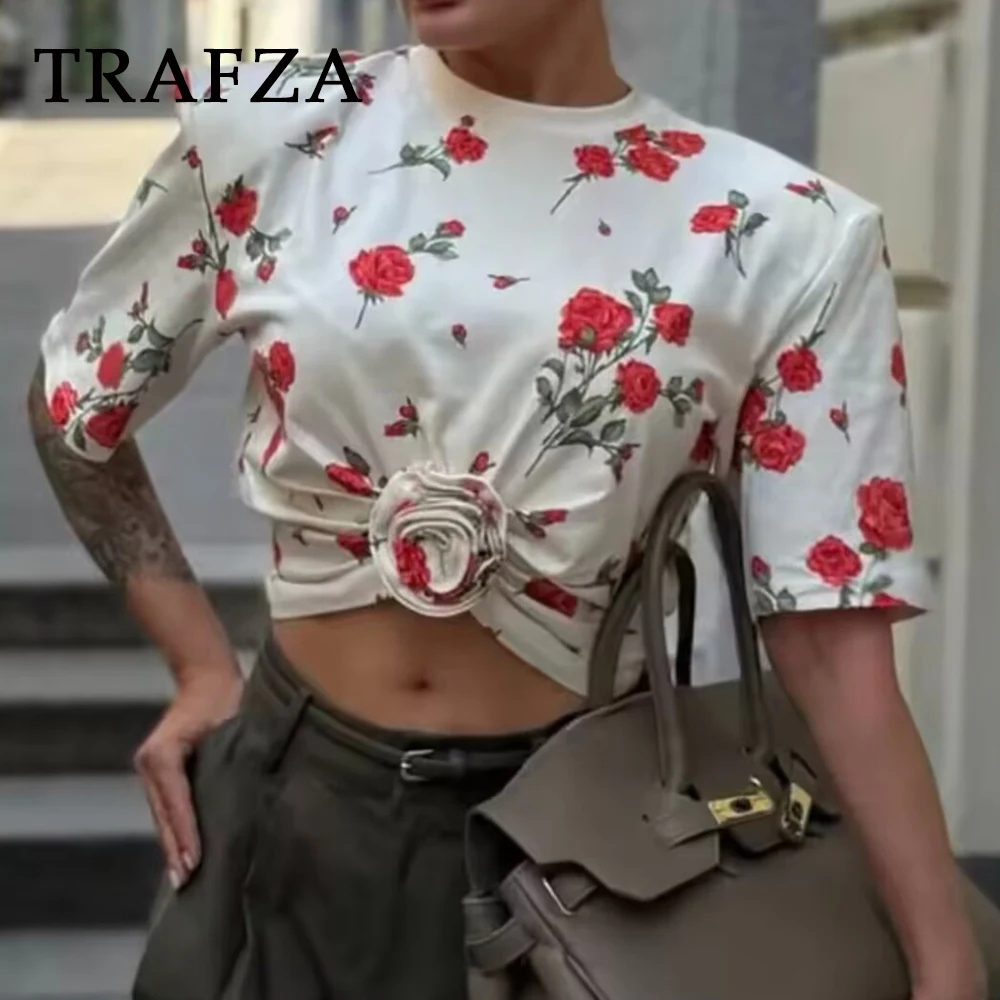 TRAFZA Chic Floral Casual Rose Woman O-Neck T-shirt Fashion 2025 Summer Short Sleeve Shoulder Pad Streetwear Mujer Short Tops
TRAFZA Chic Floral Casual Rose Woman O-Neck T-shirt Fashion 2025 Summer Short Sleeve Shoulder Pad Streetwear Mujer Short Tops
