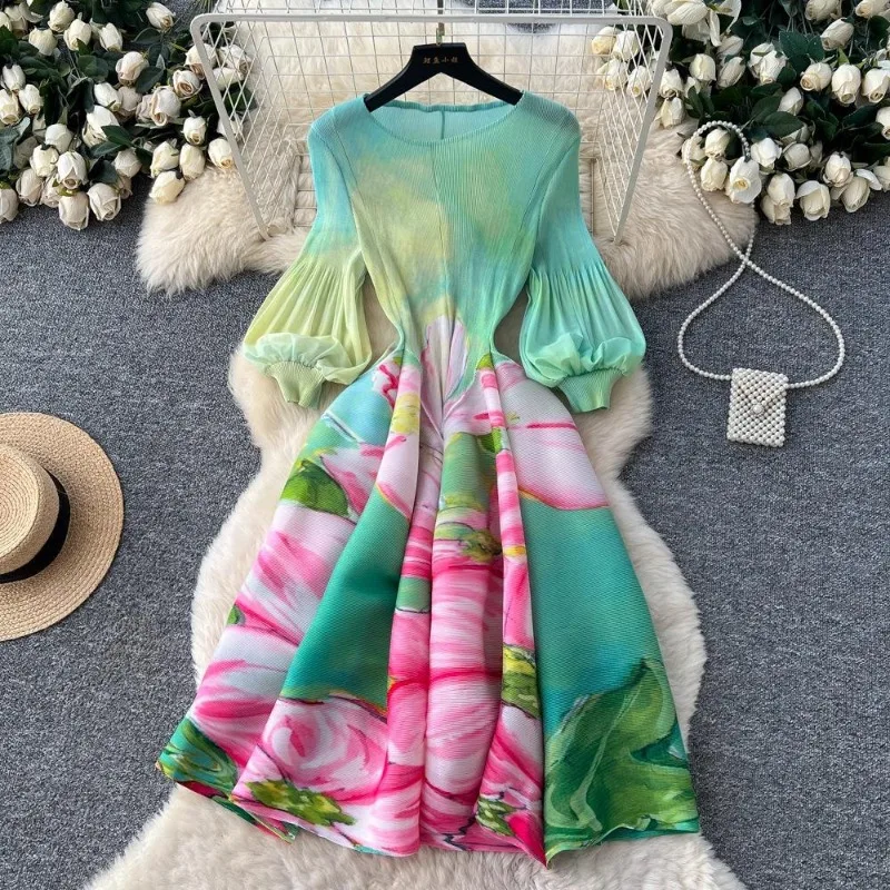 Miyake Pleated Print Dresses 2026 Summer New Round Neck Lantern Sleeve A-Line Flower Bud Dress Elegant Stretch Women's Clothing
Miyake Pleated Print Dresses 2026 Summer New Round Neck Lantern Sleeve A-Line Flower Bud Dress Elegant Stretch Women's Clothing