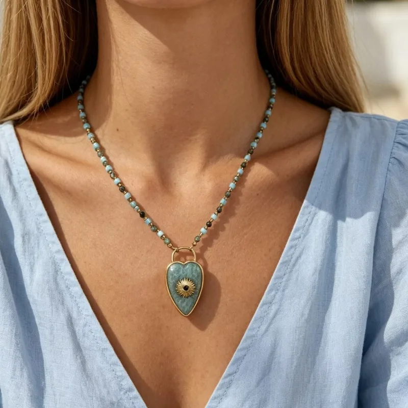 Devil's Eye Heart Natural Stone Pendant Bead Chain Water Diamond Necklace Stainless Steel Beaded Necklace Women's Fashion Jewelr
Devil's Eye Heart Natural Stone Pendant Bead Chain Water Diamond Necklace Stainless Steel Beaded Necklace Women's Fashion Jewelr