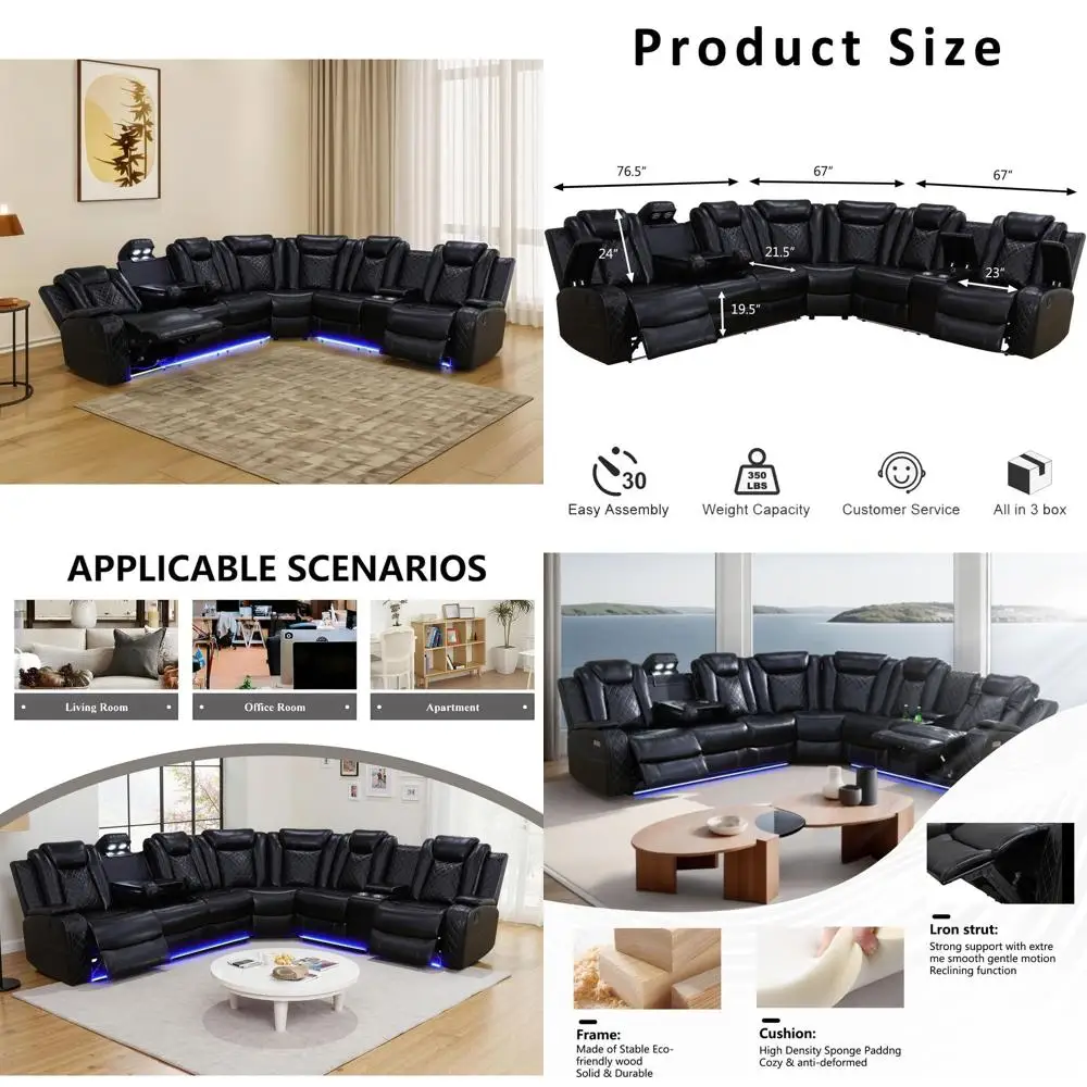 LED Lighted Power Reclining Sectional Sofa Set with USB Ports and Cup Holders for Home Theater or Office (Black)
LED Lighted Power Reclining Sectional Sofa Set with USB Ports and Cup Holders for Home Theater or Office (Black)