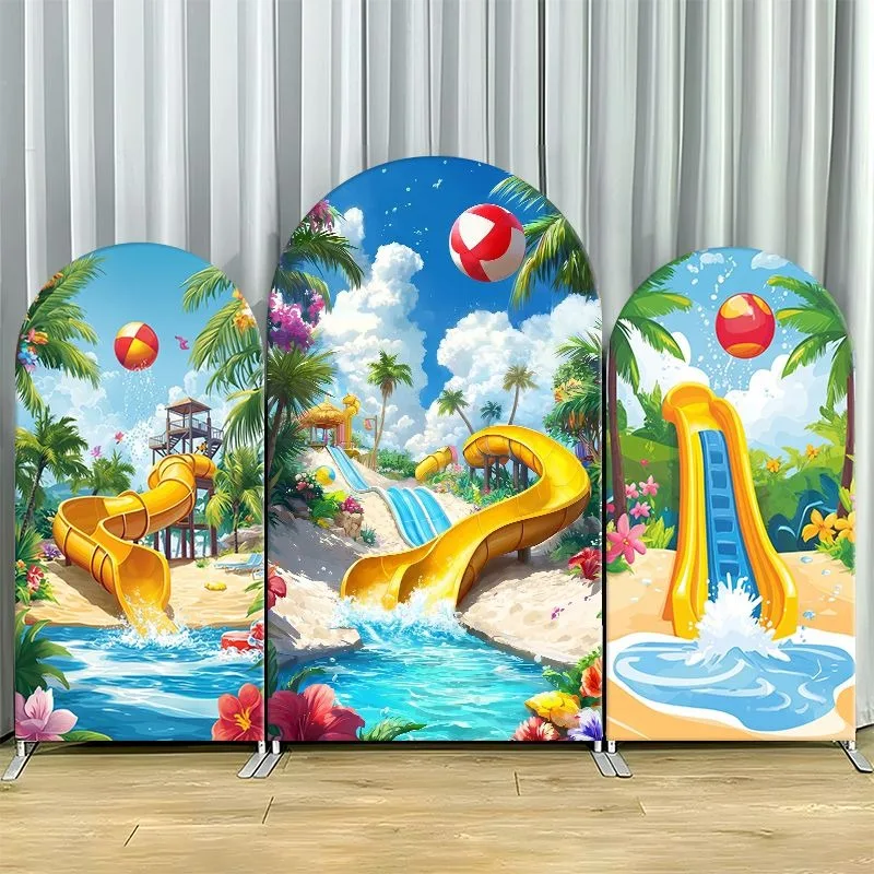 Single Side Arch Backdrop Cover Vibrant Water Park Theme Backdrop Set Featuring Golden Slides Palm Trees and Floating Balls
Single Side Arch Backdrop Cover Vibrant Water Park Theme Backdrop Set Featuring Golden Slides Palm Trees and Floating Balls