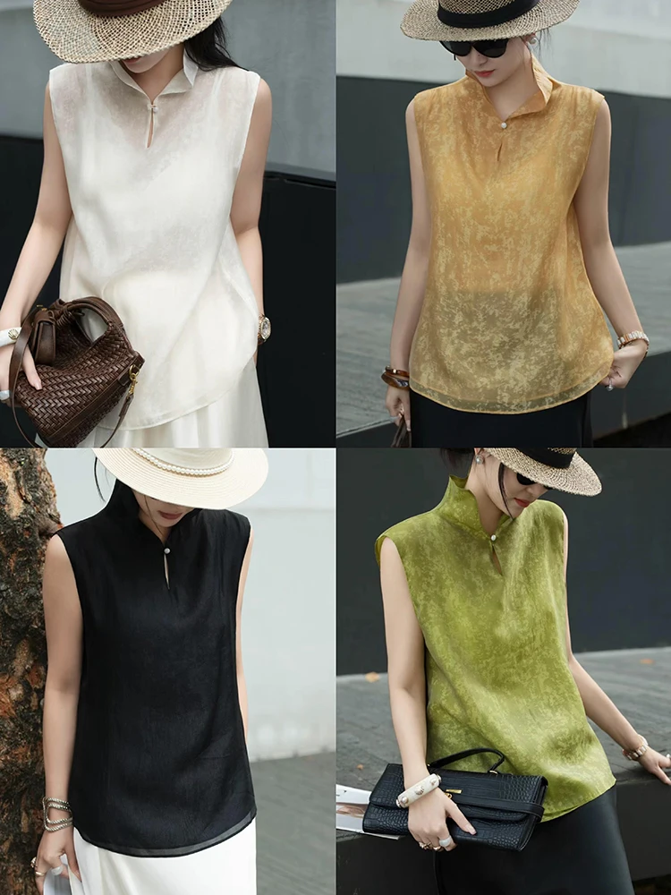 New Chinese Style Silk-Like Sleeveless Shirt Thin Stand Collar Lightweight Women's Premium Fashion Polyester Fiber Top
New Chinese Style Silk-Like Sleeveless Shirt Thin Stand Collar Lightweight Women's Premium Fashion Polyester Fiber Top