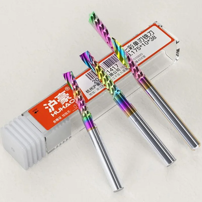 HUHAO 3.175MM Shank Spiral Milling Cutter Down Cut One Flute Router Bit Color Coating CNC End Mill Milling Cutter PVC Acrylic
HUHAO 3.175MM Shank Spiral Milling Cutter Down Cut One Flute Router Bit Color Coating CNC End Mill Milling Cutter PVC Acrylic