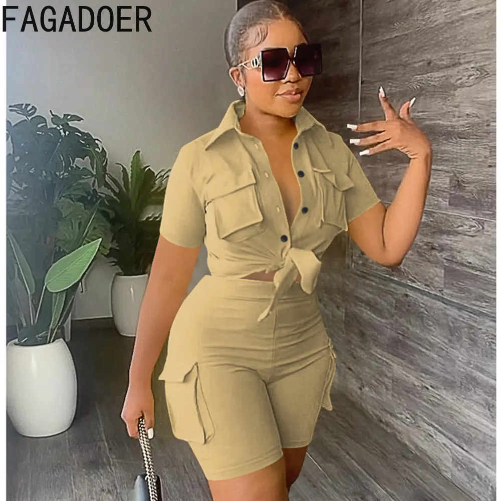 FAGADOER Elegant Lady Solid Color Two Piece Sets Women Button Short Sleeve Bandage Crop Top And Shorts Tracksuits Casual Outfits
FAGADOER Elegant Lady Solid Color Two Piece Sets Women Button Short Sleeve Bandage Crop Top And Shorts Tracksuits Casual Outfits