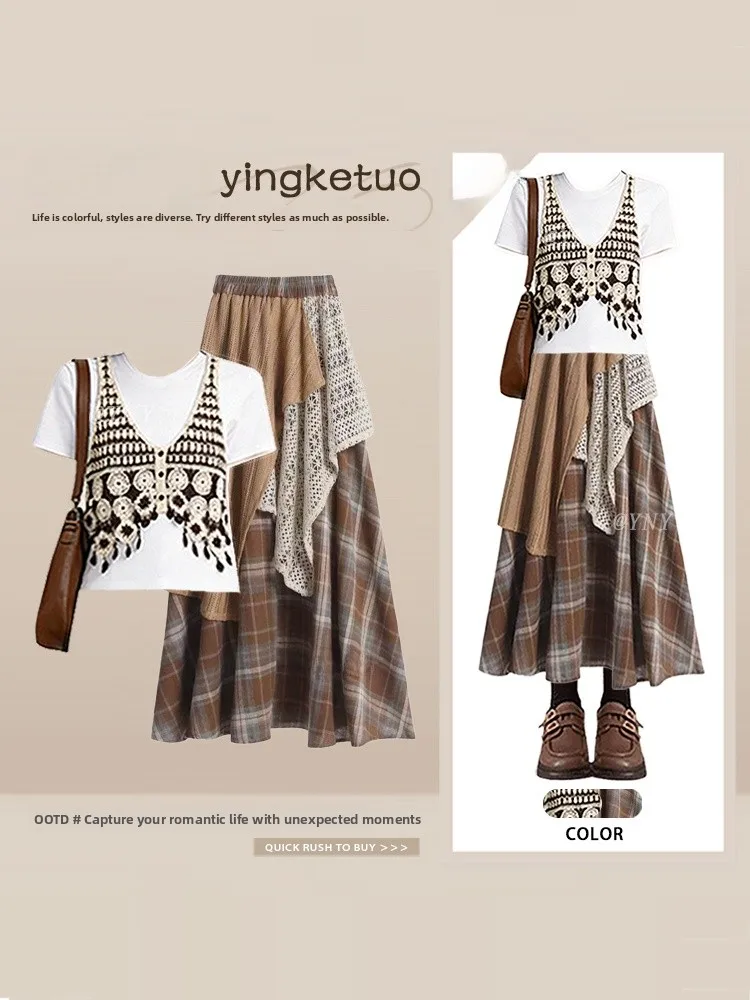 Summer Light Maturity Design Hook Flower Vest Short Sleeve Plaid Halter Skirt Three Piece Set Vintage Atmosphere Clothing Set
Summer Light Maturity Design Hook Flower Vest Short Sleeve Plaid Halter Skirt Three Piece Set Vintage Atmosphere Clothing Set